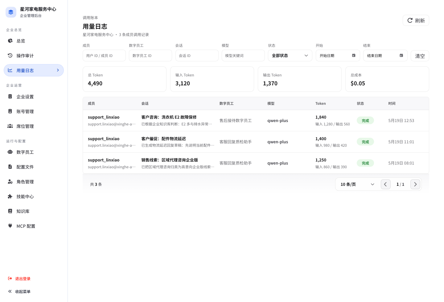 企业后台用量日志